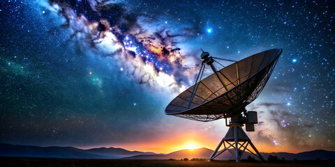 Large satellite dish tracking stars in the night sky for search of extraterrestrial life, telescope, satellite
