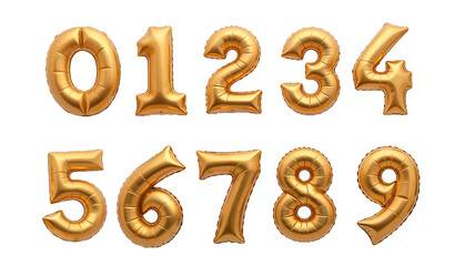 Gold Foil Balloon Numbers, Set of Realistic Balloons isolated on Transparent Background. Festive decorations set