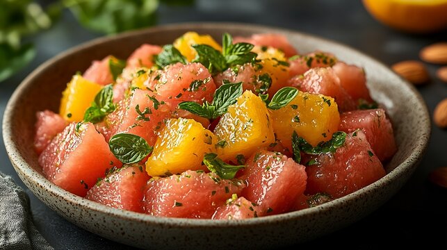 Naranjilla fruit salad fresh spinach almonds citrus dressing served vibrant rooftop caf the sunset skyline softly blurred behind promoting a light nutritious meal Scientific name Solanum quitoense
