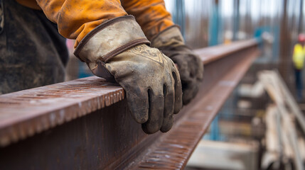Construction Worker Installing Steel Beams on Site