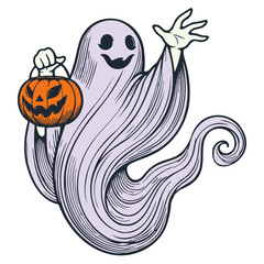 Ghost Holding Carved Jack-o'-Lantern Pumpkin. Halloween Themed Cartoon of Friendly Ghost in a Flowing Cloak with a Pumpkin. Vector Illustration Isolated on White. Spooky Halloween Design