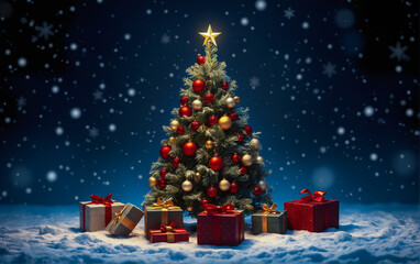 Obraz premium Christmas tree with gifts and falling snowflakes against dark blue background