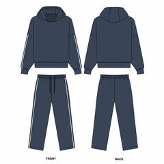 Technical drawing of blue color tracksuit, front and back view. Sketch of basic sweatshirt with hood. Sketch of straight sweatpants with drawstring.