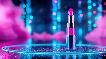 Futuristic Beauty Fusion - Floating holographic lip gloss and mascara in neon digital landscape with copy space for text.