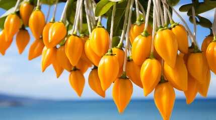 Naranjilla fruits hanging vine tropical beachside market ocean waves and surfboards softly blurred behind capturing the relaxed vibrant energy of a coastal paradise Scientific name Solanum quitoense