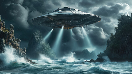 Obraz premium Mysterious Island: UFOs, Giant Waves, and Thunderstorms