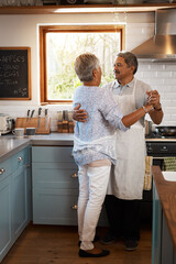 Dance, cooking and senior couple in kitchen for bonding, loving relationship and romance together in home. Retirement, marriage and mature man and woman with affection for meal prep, lunch and dinner