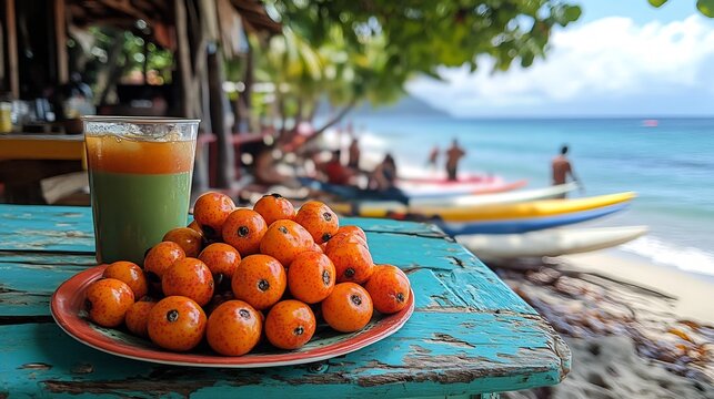 Naranjilla fruits resting brightly colored picnic table a beachside caf with surfboards and beachgoers softly blurred in the background evoking a carefree summer vibe Scientific name Solanum quitoense