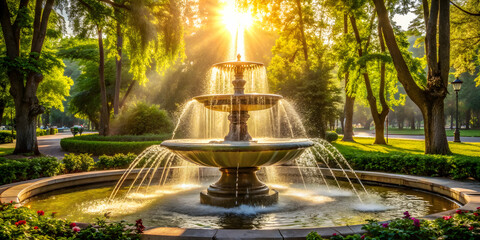 Fountain in the park with water splashing up into the sunlight, park, fountain, water, nature, relaxation, beauty