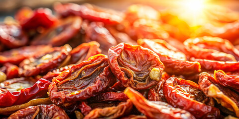 Sun-dried tomato bathed in warm light, bursting with concentrated flavor