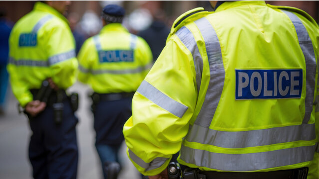 Back view of police officers in street