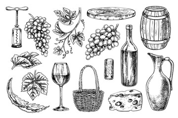 Wine. A set of clip art depicting wine, bottle, glass, cheese and grapes. A barrel, a jug, a corkscrew and a cork. A graphic vector illustration drawn by hand. Isolate on a white background.