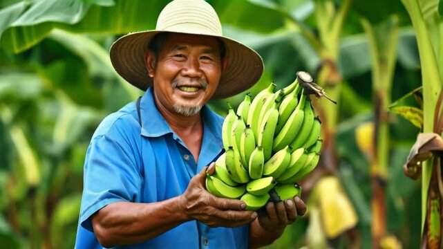 Banana and farmer. Banana is a tropical, yellow, elongated fruit with a sweet, creamy flesh, rich in potassium and vitamin B6, encased in a peel. 