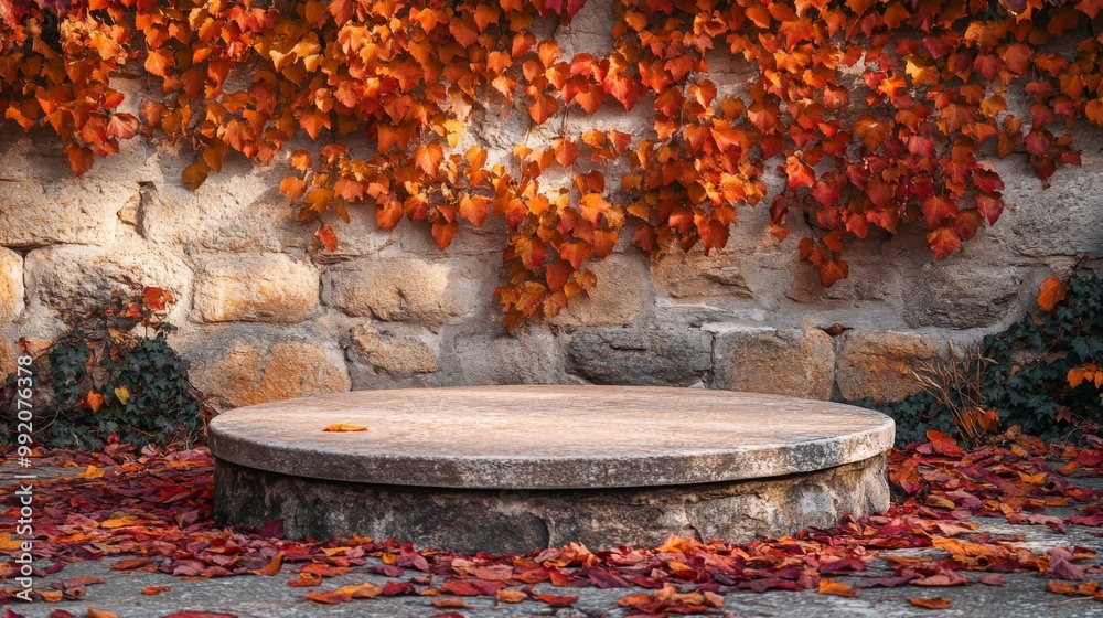 Poster A circular stone platform is partially covered with fallen leaves in vibrant autumn colors. The platform sits against a textured brick wall adorned with climbing vines, creating a serene atmosphere.