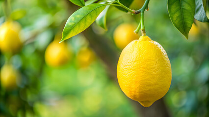 Close-up of a yellow citrus lemon fruit hanging from a tree branch surrounded by green leaves in a garden , citrus, lemon, fruit
