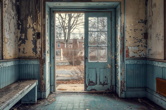 Abandoned house interior with peeling paint and vintage doors