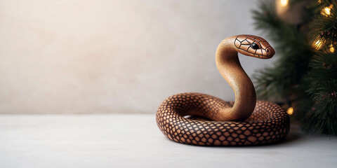Fototapeta premium Chinese New Year 2025, wooden snake decoration, wood sculpture, festive decor, holiday ornament, snake concept