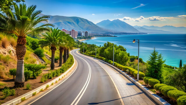 Beautiful road view in Vlora, Albania during summer , Vlora, Albania, road, view, summer, mountains, blue sky
