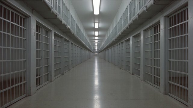Long, empty prison hallway with cells