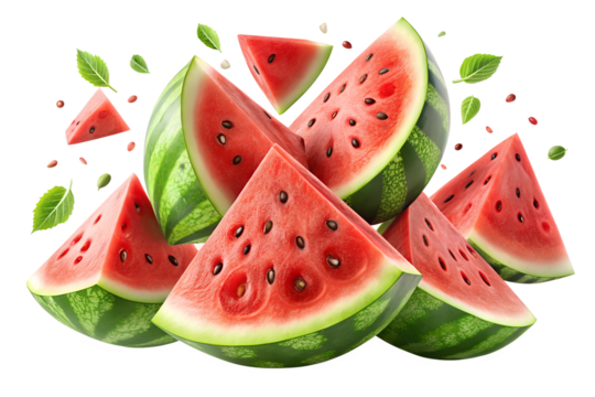 slices of watermelon isolated on transparent background png - Powered by Adobe