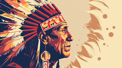 Obraz premium Native American Heritage Day, poster with an illustration of a Native American in a feathered headdress on a beige background. Space for text.