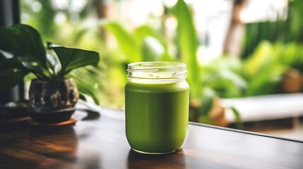 Olive fruit protein shake almond milk spinach served glass jar a fitness retreat with yoga mats and tropical plants softly blurred behind promoting wellness and vitality Scientific name Olea europaea