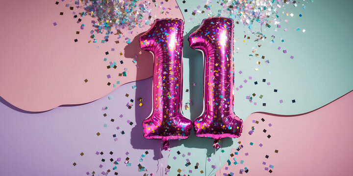 Shiny number 11 balloon, confetti, festive design background