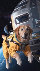 Digitally altered image of a Golden Retriever dog in a space suit floating in space