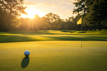 Golf ball near hole on sunlit green at sunrise, serene morning on a pristine golf course