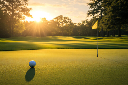 Golf ball near hole on sunlit green at sunrise, serene morning on a pristine golf course