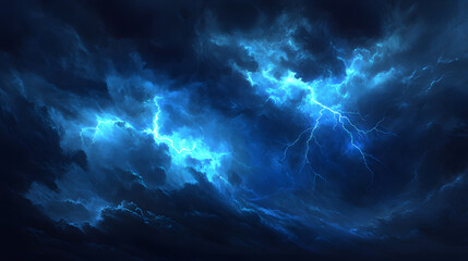 An abstract thunderstorm, with jagged lightning bolts cutting through dark clouds, casting electric blue light across the sky