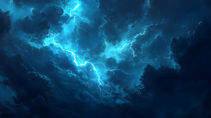 An abstract thunderstorm, with jagged lightning bolts cutting through dark clouds, casting electric blue light across the sky