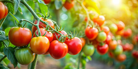 Obraz premium Fresh ripe tomatoes still on the vine in a garden , tomatoes, vine, fresh, red, organic, summer, produce, juicy, garden