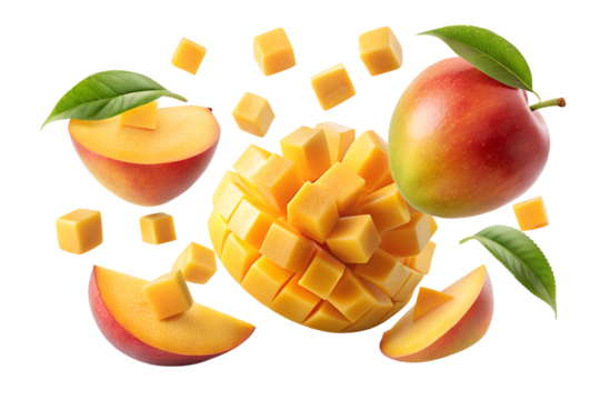  mango falling in the air isolated on transparent background png