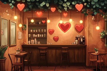 coffee shop ambiance, cozy coffee shop adorned with heart ornaments, ideal for a valentines day date, offering a warm and inviting ambiance