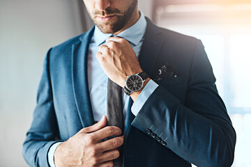 Man, fixing tie and hands for getting ready in home, business fashion and preparation for job...