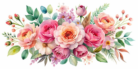 Watercolor painting of a beautiful flower arrangement in varying shades of pink , watercolor, flowers, pink, arrangement