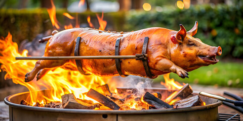 Traditional pig roast BBQ with a whole pig over a fire pit, barbecue, cooking, food, grilling, pig, roasting, meat, smoke