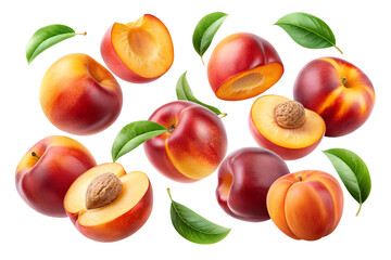 set of peaches falling in the air isolated on transparent background png