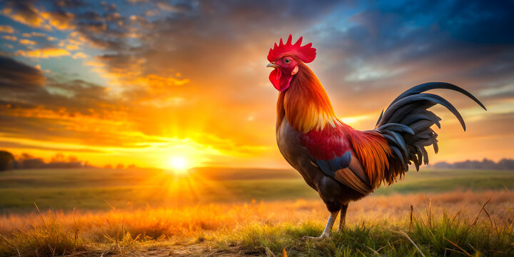 Beautiful red rooster crowing at sunrise, rooster, chicken, animal, farm, morning, sunrise, nature, cock, red