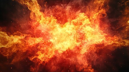 Obraz premium Exploding fire with red and yellow colors creates smoke and a dramatic effect with a center space. Vivid and blazing hell abstract or fire background or wallpaper.