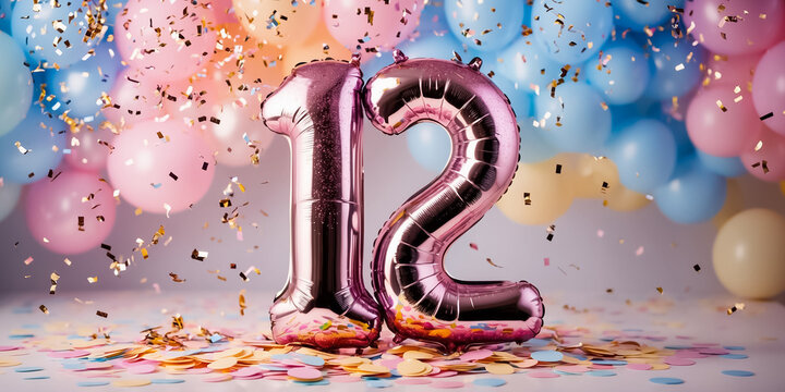 Shiny number 12 balloon, confetti, festive design background