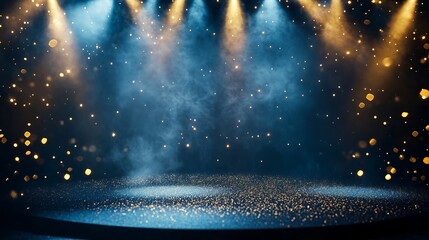 Elegant award ceremony background with a dark blue stage, golden spotlights, and a sparkling glitter texture. Perfect for anniversaries or rewarding winners.