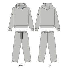 Technical drawing of gray color tracksuit, front and back view, vector. Sketch of basic hoodie with long sleeve. Sketch of straight sweatpants with drawstring.