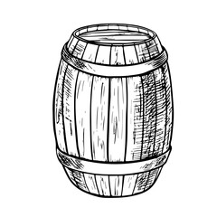 Vector wooden barrel. Hand drawn vintage illustration in engraved style. Alcohol, wine, beer or whiskey old wood keg. Great for pub or restaurant menu, label, poster, logo.