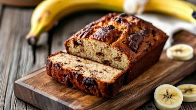 Banana bread on a cut board. Banana bread is a moist, sweet, cake-like bread made from mashed bananas, flour, sugar, eggs, butter, and baking soda. 