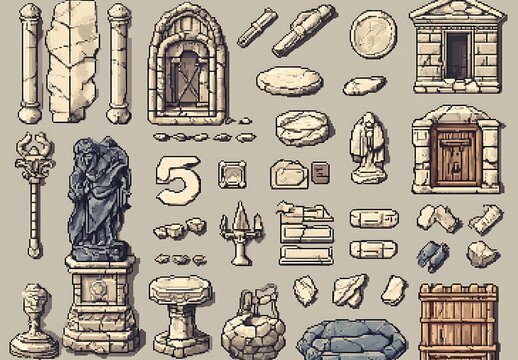 Game asset sprite sheet,  Stone and Roman architecture, architecture, and decorative elements