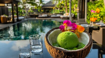 Osage orange fruit sorbet served coconut shell a poolside bar with sparkling water and bright flowers softly blurred behind promoting a refreshing and healthy dessert Scientific name Maclura pomifera