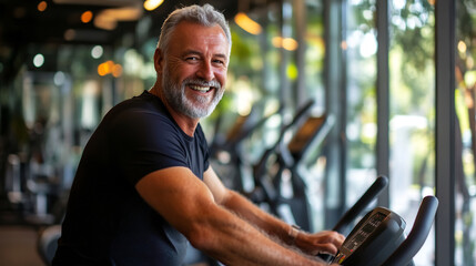 Mature man exercising on stationary bike in modern gym, embracing active and healthy lifestyle with a smile