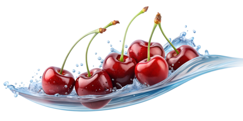 cherries   in a semi-circular water wave on transparent background png